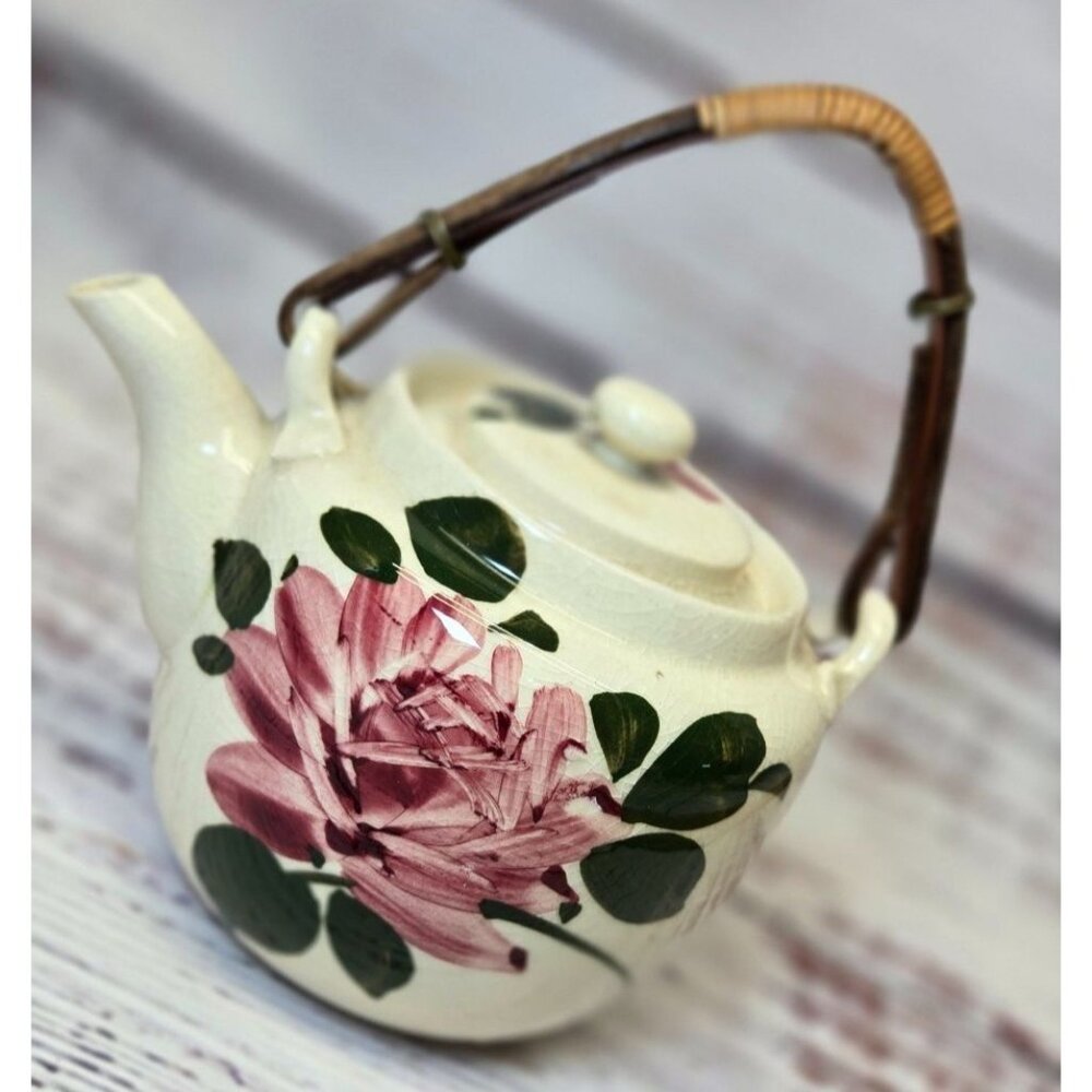 Vintage Japan Floral Ceramic Teapot With Bamboo Handle Lid Hand Painted floral t